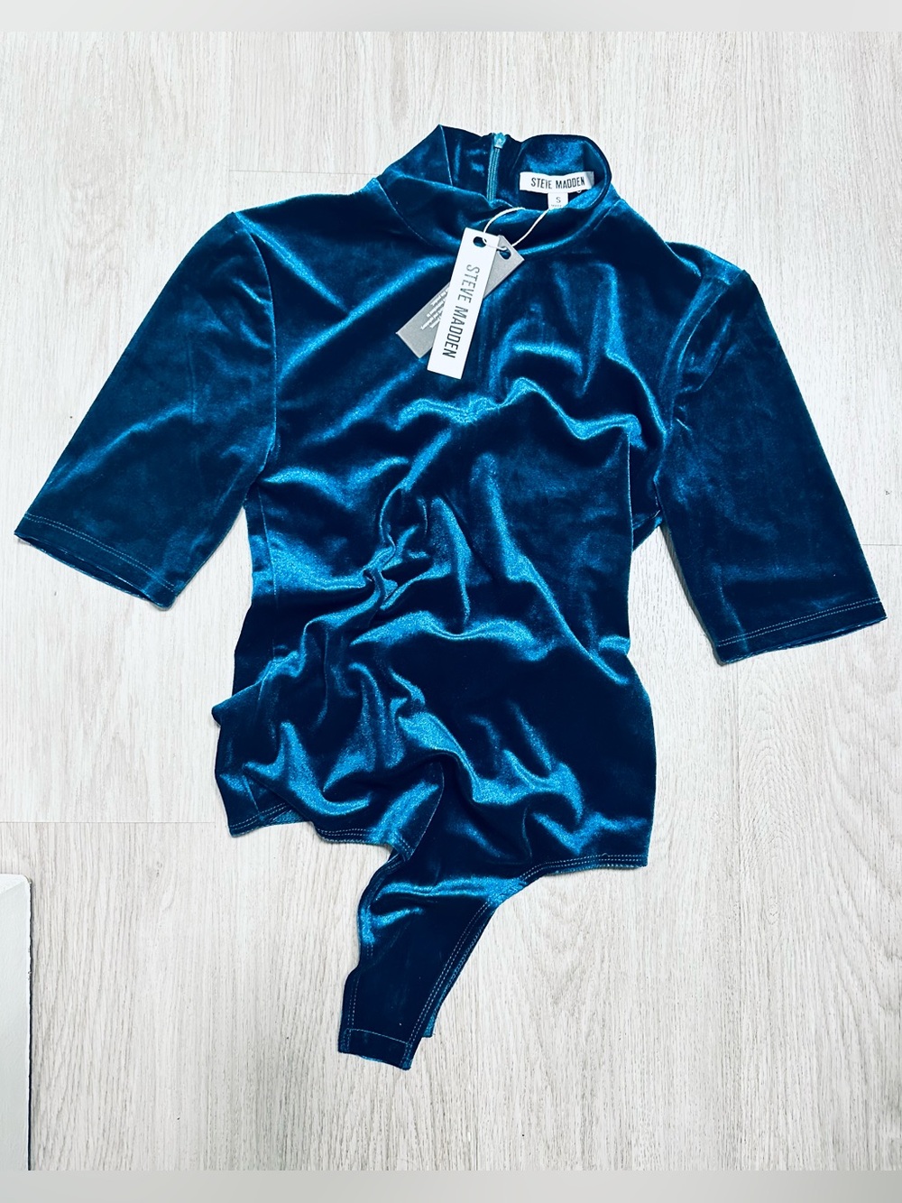 NWT Steve Madden Teal Velvet High Neck Bodysuit- Size S